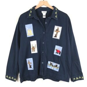 VTG BRECKENRIDGE Embroidered Patches Button Up Shirt Jacket Women's Sz XL Blue